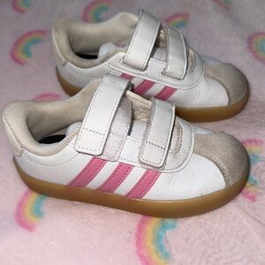 White and Pink Velcro Adidas Sneakers